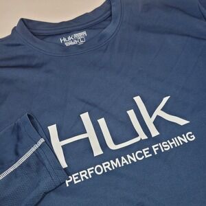 Huk Mens Performance Stretch Fishing Long Sleeve Pullover Blue Logo Shirt Large